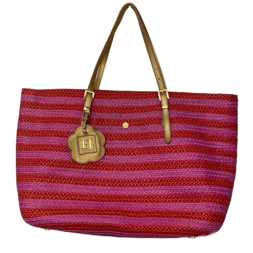 Eric Javits Yellow and Pink Tote Bag with Nautical Stripes
